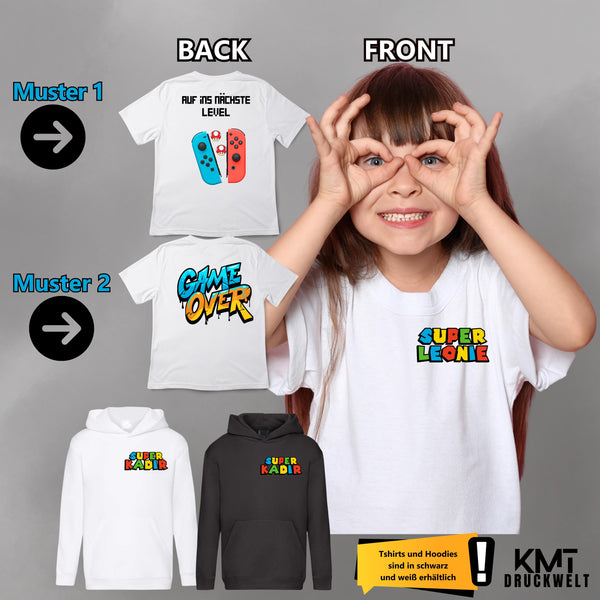 Mariotshirt, Super Mrio Premium Hoodie ,Geschenk für MARIOFANS, mit deinem NAMEN, Geburtstag, , SuperAmelie,Kindertshirt, GAMEOVER